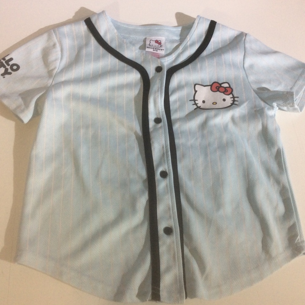 Hello Kitty Baseball Jersey Blue White Pinstripe Button Top Sanrio *MARKS